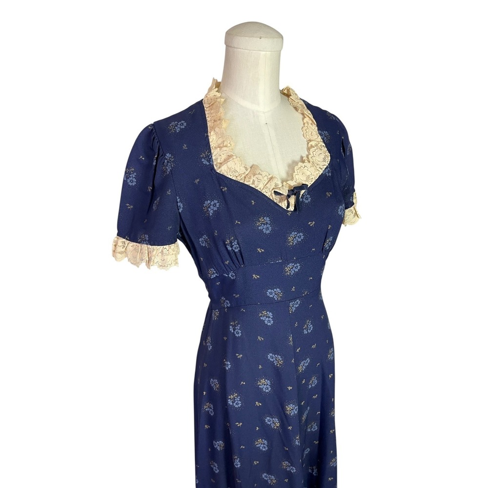 Vintage Navy Blue Floral Maxi Dress Lace Trim Tie Back Cottagecore Prairiecore - Picture 2 of 7